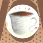 grafika z narysowaną białą filiżanką gorącej kawy w białym okręgu na beżowym obrusie w kropki