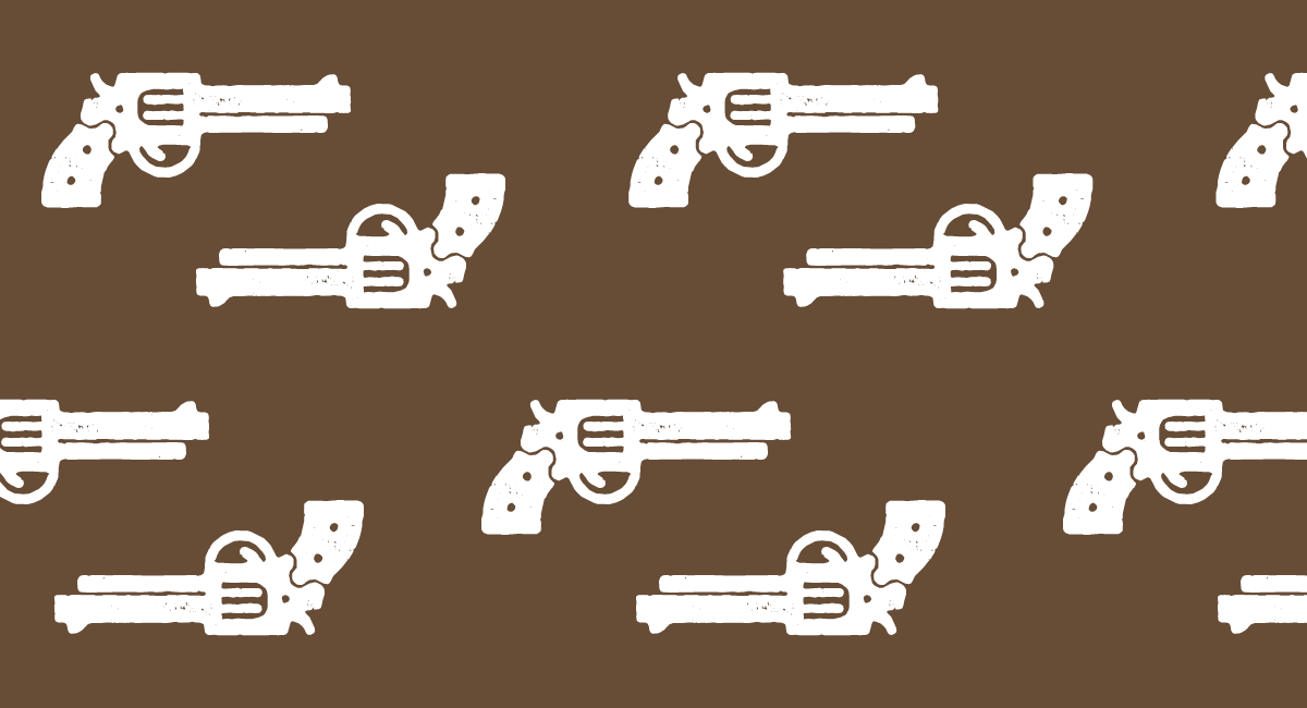Grafika cyklu Akademia Zapomnianych Arcydzieł Filmowych; duża ilość rysunkowych pistoletów.