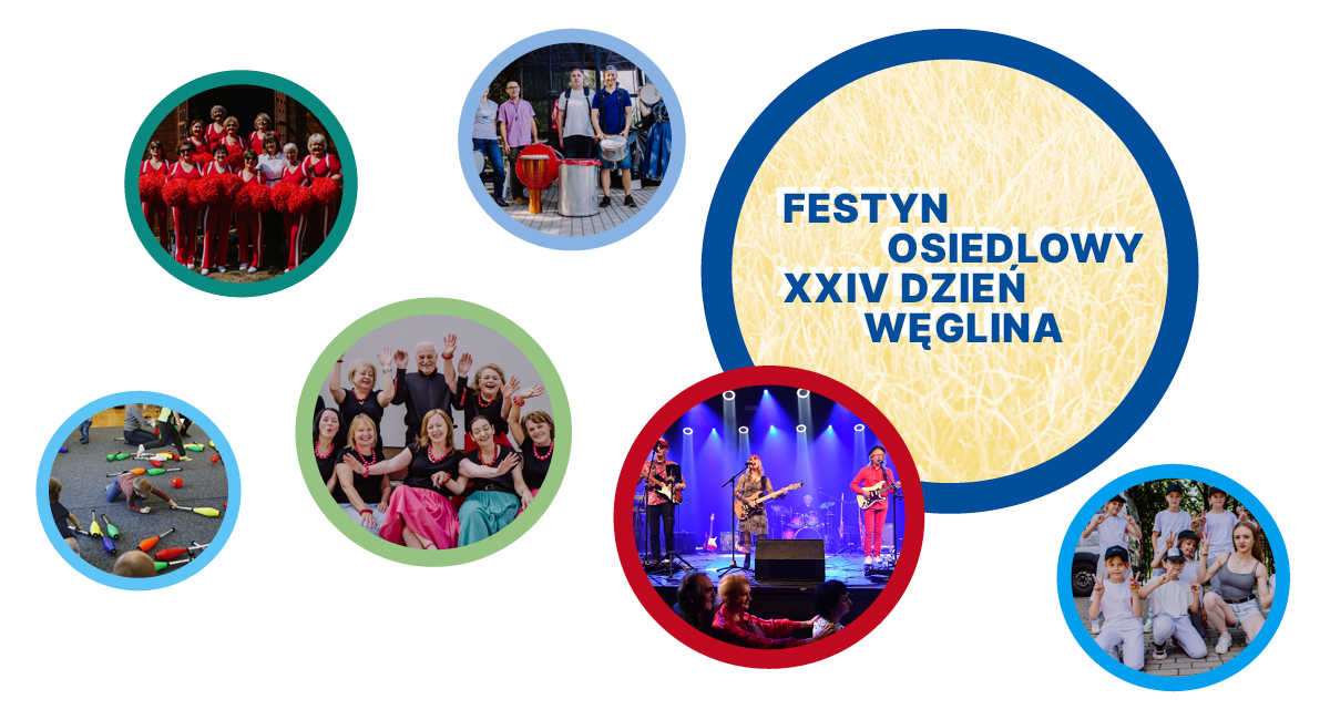 grafika ze zdjęciami uczestników festynu w kolistych kadrach.