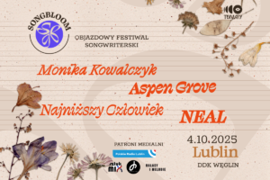 plakat koncertowy z napisami informacyjnymi i przyrodniczymi motywami