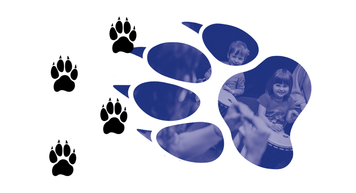 grafika przedstawiająca ślady łap zwierzęcych z kadrem z zajęć na białym tle