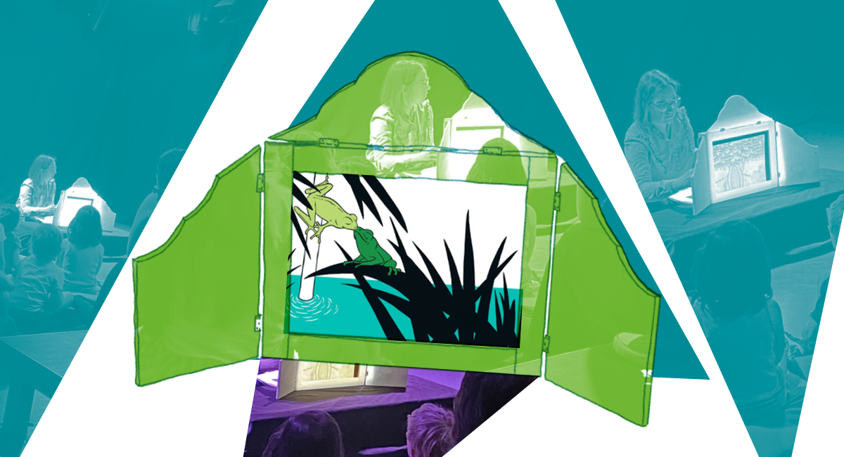 grafika promocyjna z motywem budki teatralnej w kolorach zielono, turkusowo fioletowym