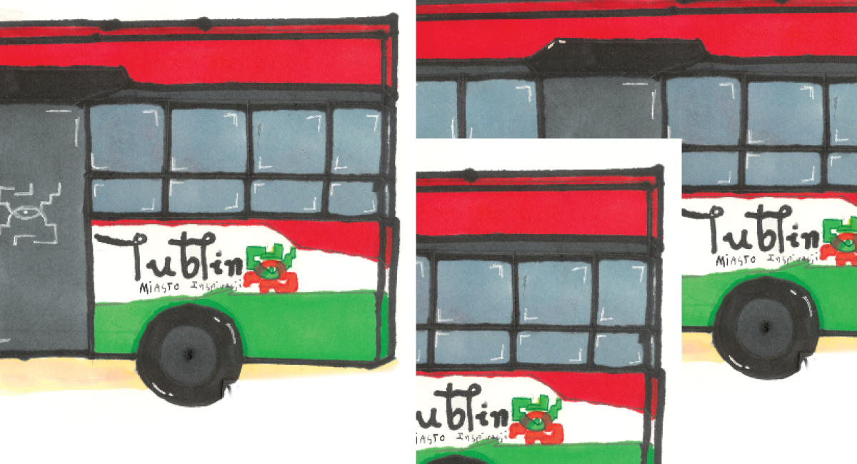 grafika z trzema fragmentami rysunku lubelskiego autobusu miejskiego