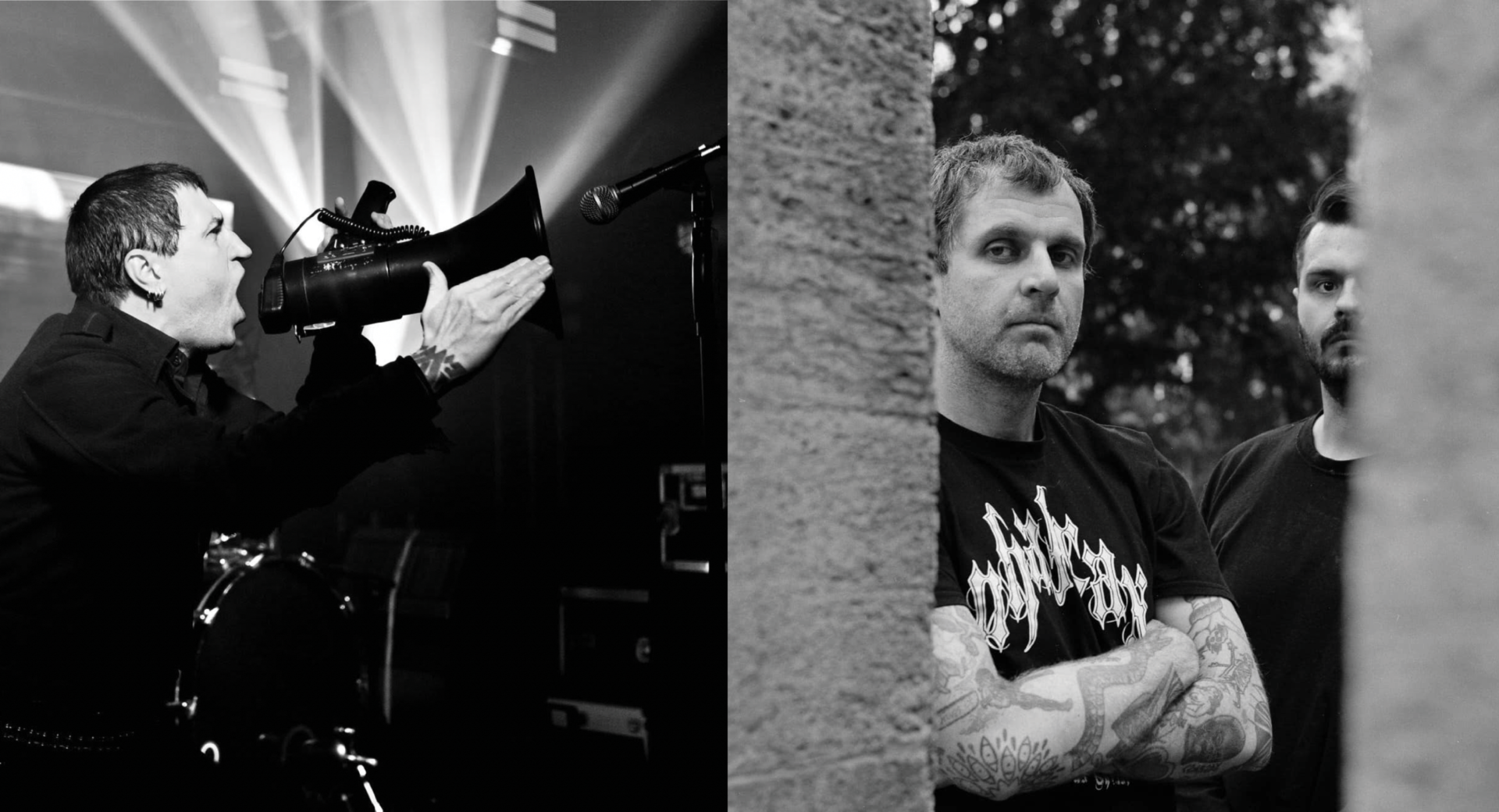 grafika z czarnobiałymi zdjęciami zespołów