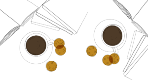 grafika z minimalistycznym motywem filiżanki kawy na białym tle