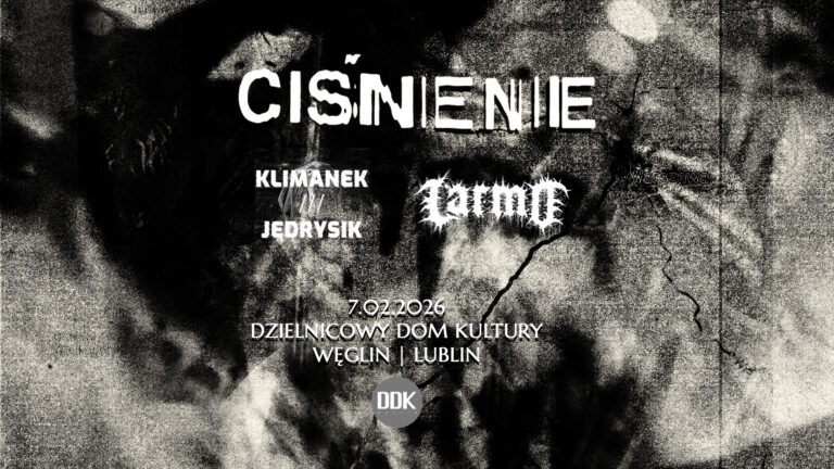 plakat koncertowy z napisami w mrocznym klimacie i monochromatycznej tonacji