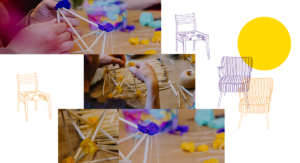 grafika z trzema kadrami rękodzieł w charakterze wielkanocnym na tle szkiców krzeseł.