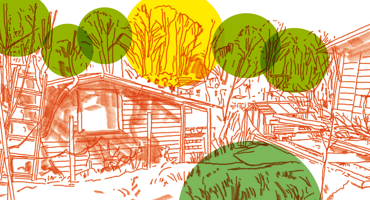 Grafika z altaną i drzewami.