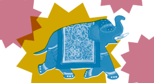 grafika z rysunkiem słonia w kolorze niebieskim na białym tle z kolorowymi plamami