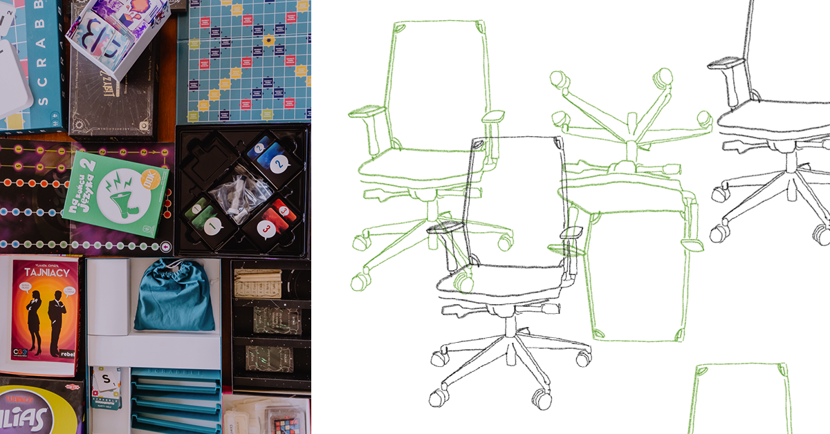 grafika zwierająca zdjęcie planszowych gier słownych i szkic krzeseł